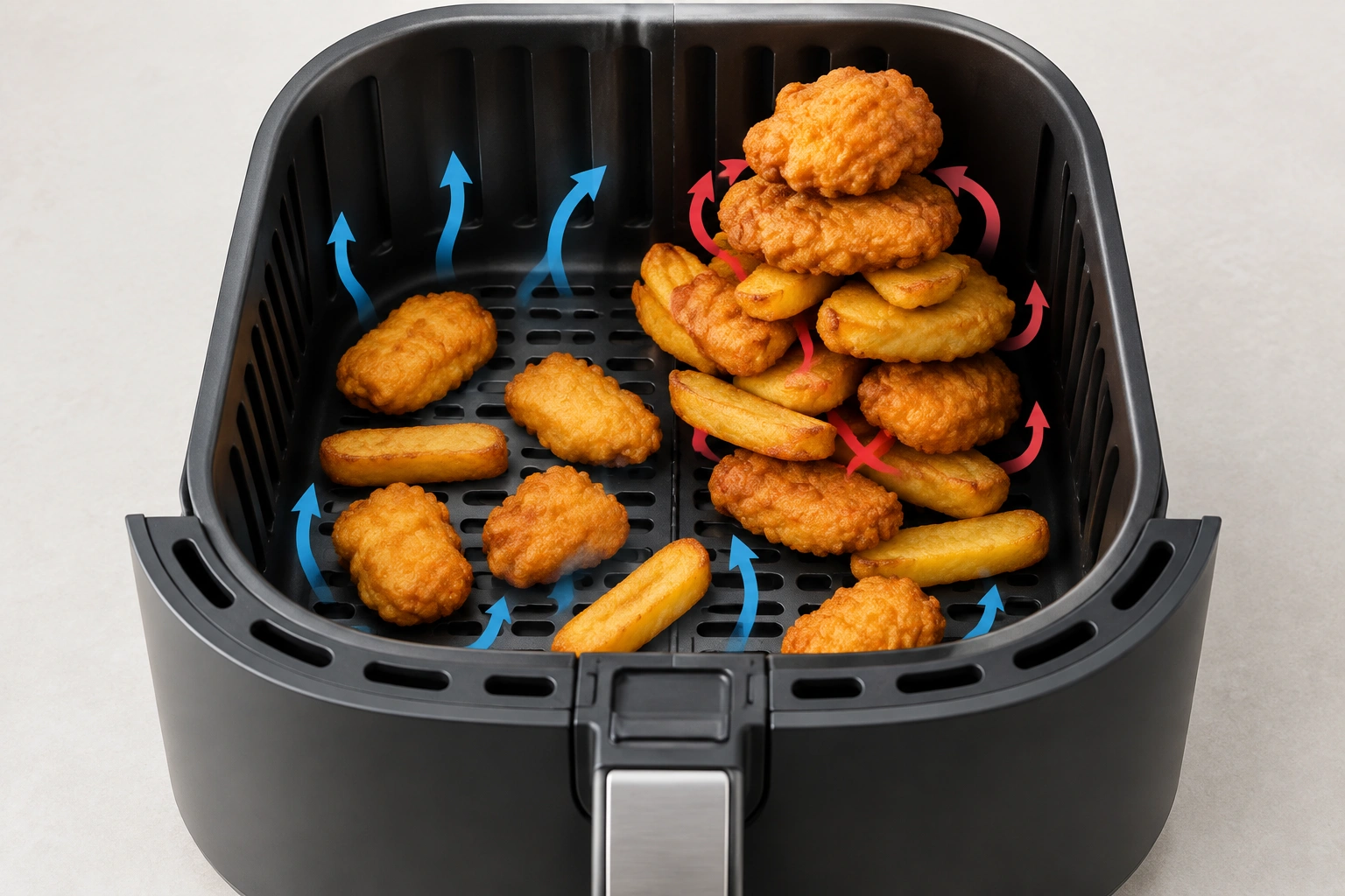 Air fryer basket with crowded food pieces showing uneven cooking causes