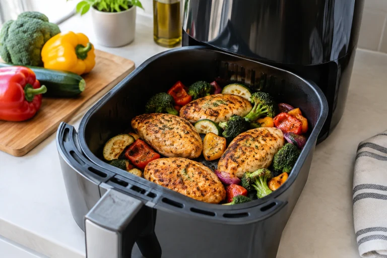 Air fryer basket with vegetables and chicken