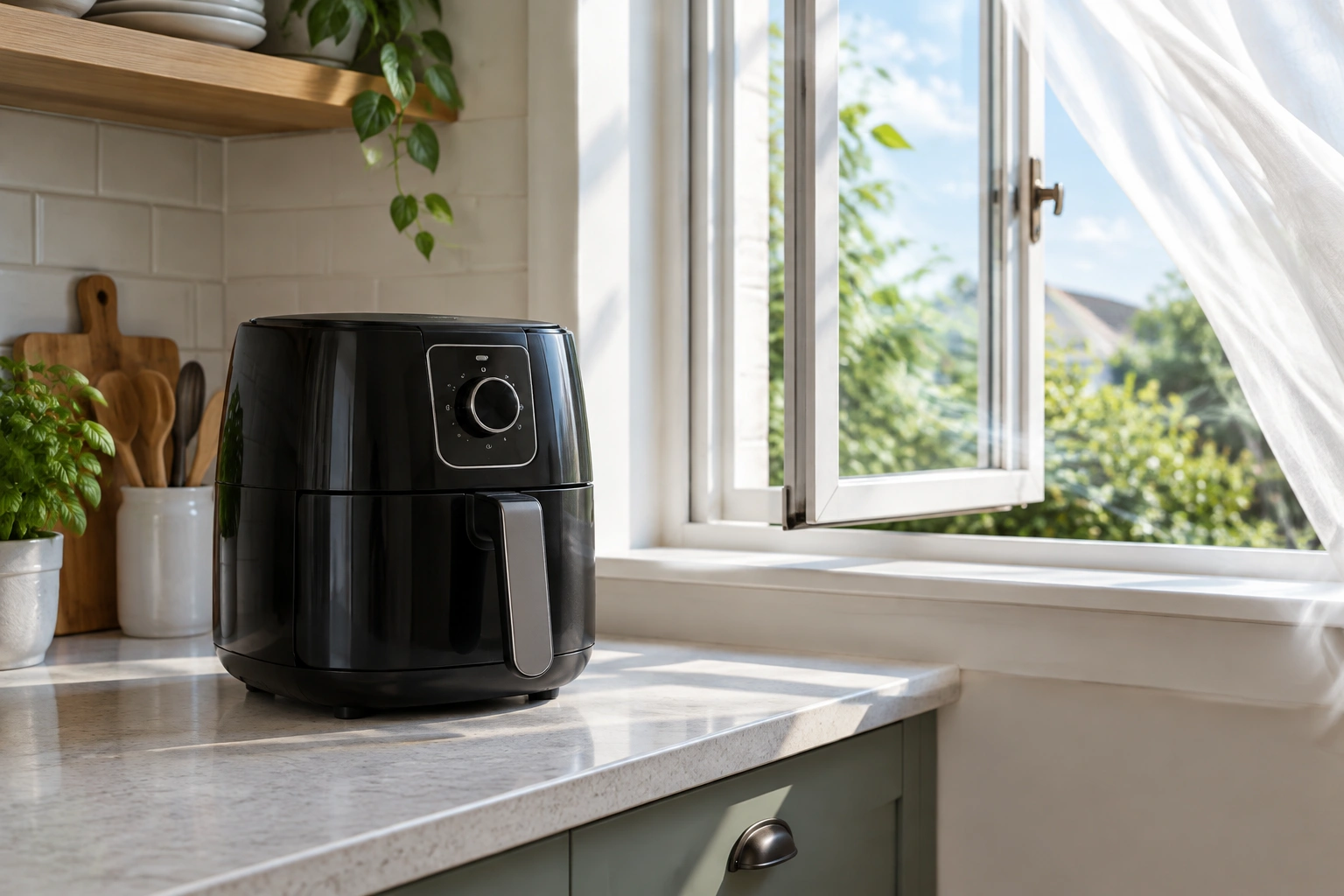Air fryer placed near an open window for ventilation