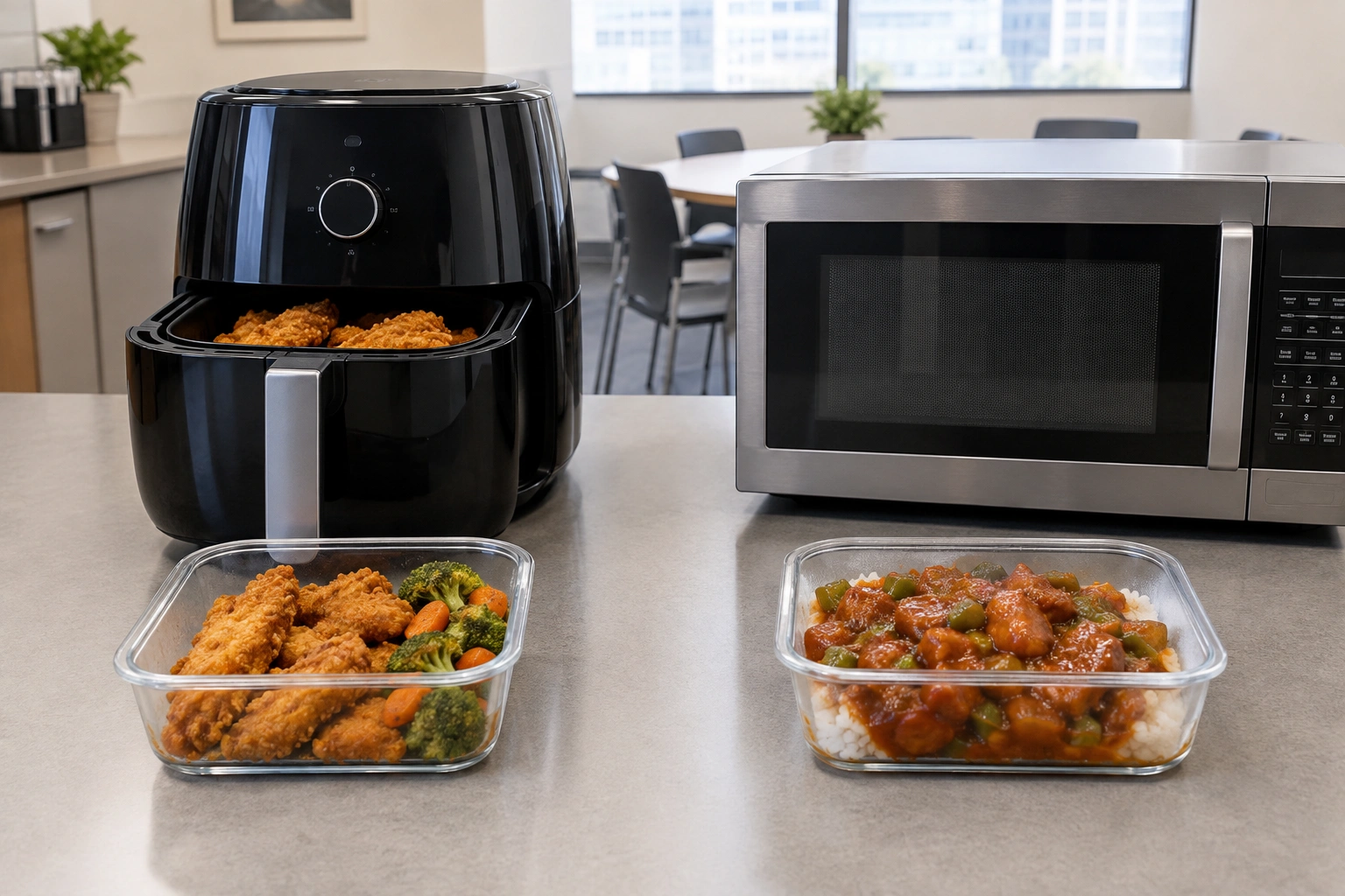 Side-by-side office lunch comparison showing an air fryer and a microwave