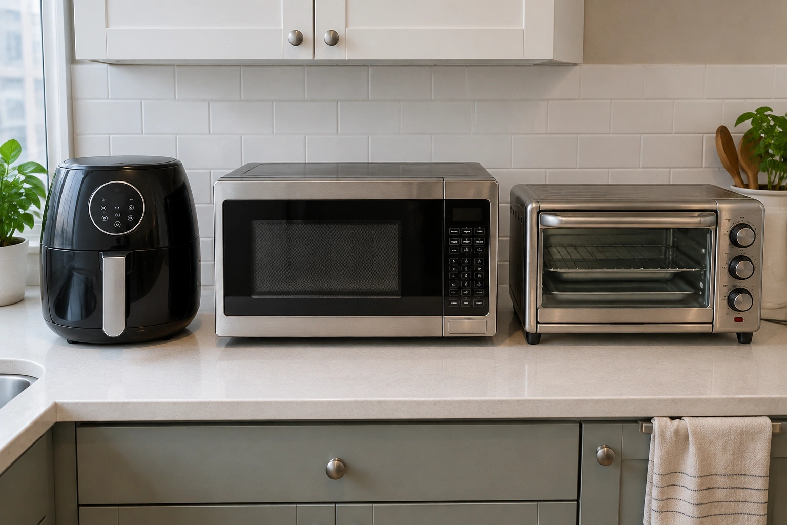 Air fryer, microwave, and toaster oven on a counter