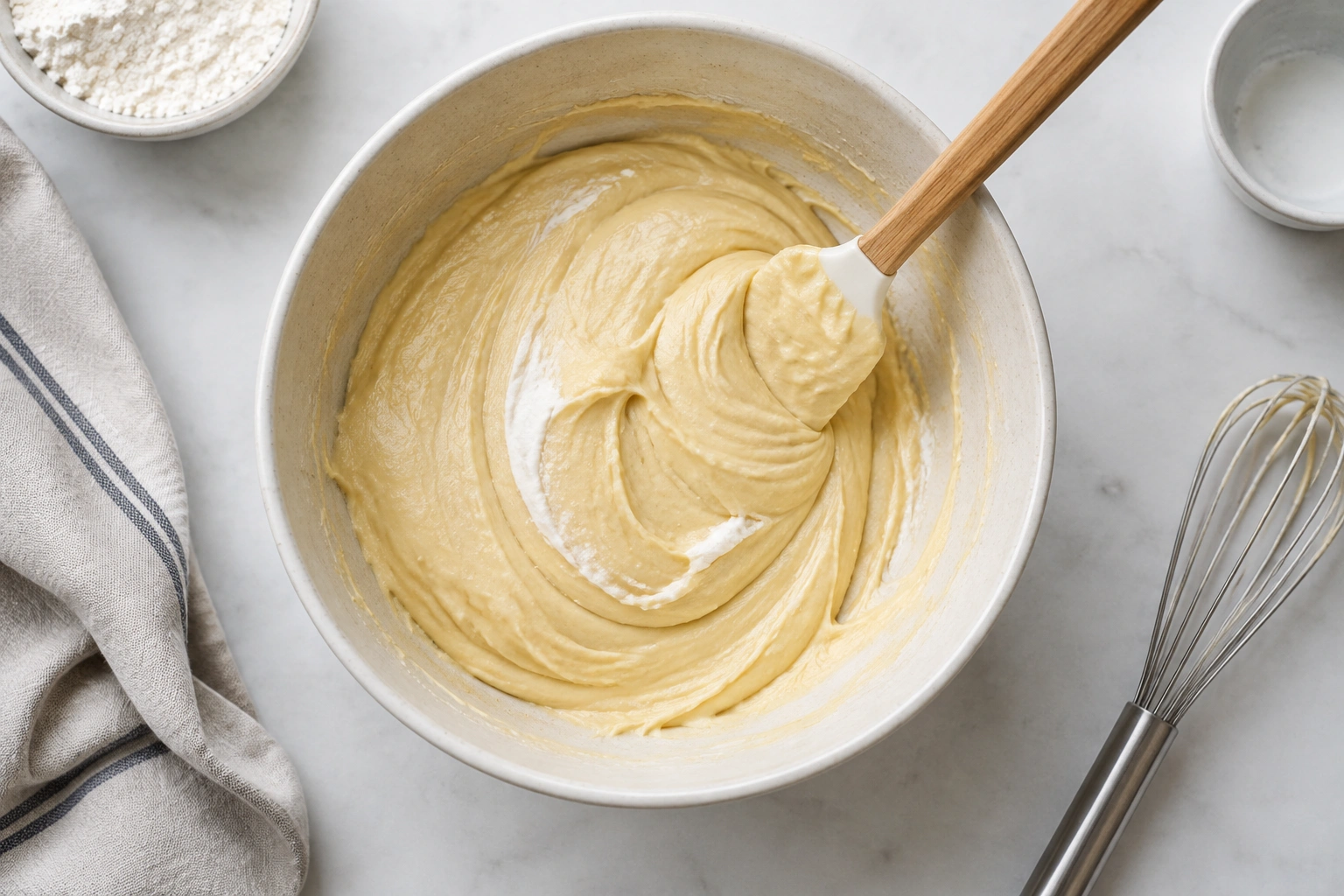Bowl of lightly folded cake batter with faint white streaks and an airy texture