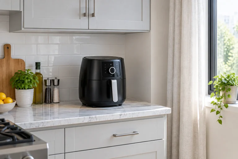 Air fryer placed on a clear apartment countertop away from cabinets and curtains