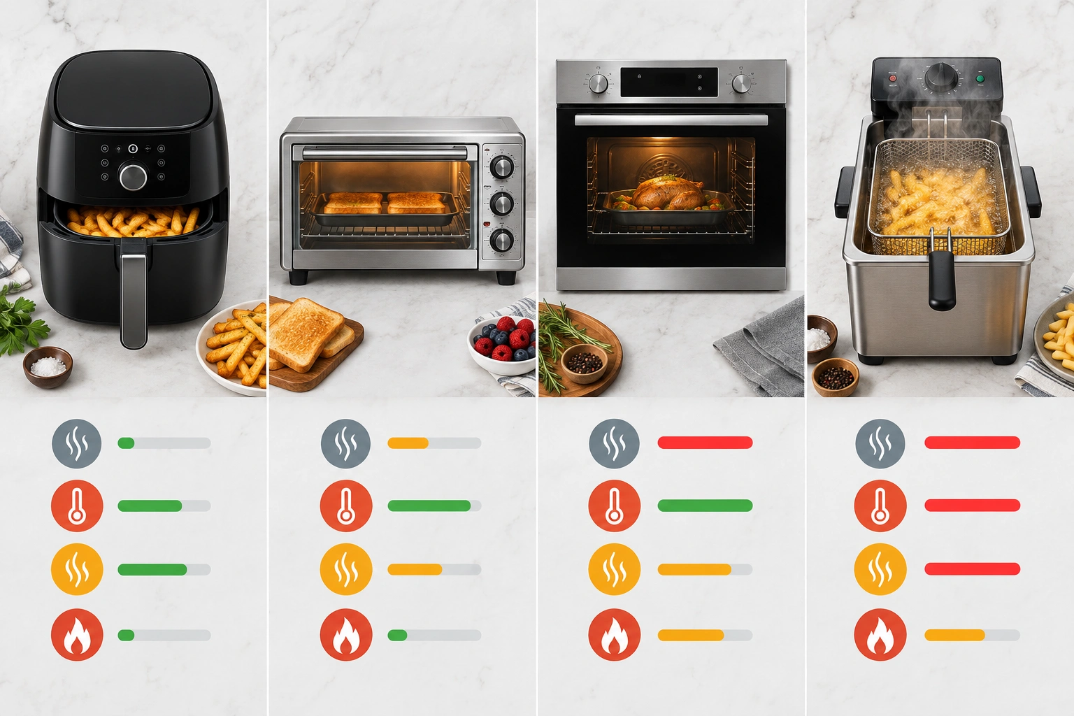 Comparison chart style illustration of air fryer, oven, toaster oven, and deep fryer for apartment use