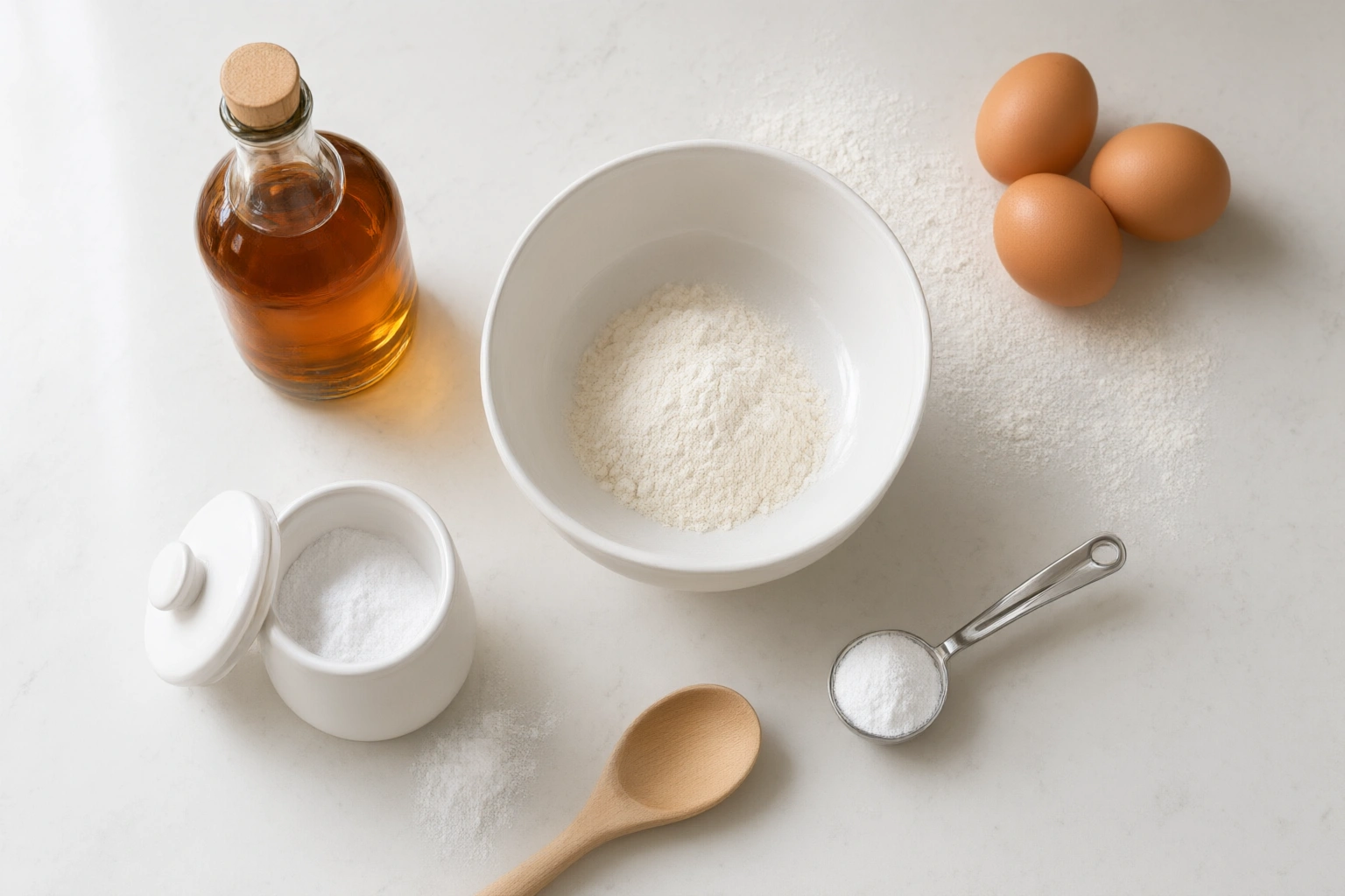 Baking ingredients arranged for a simple egg-free batter