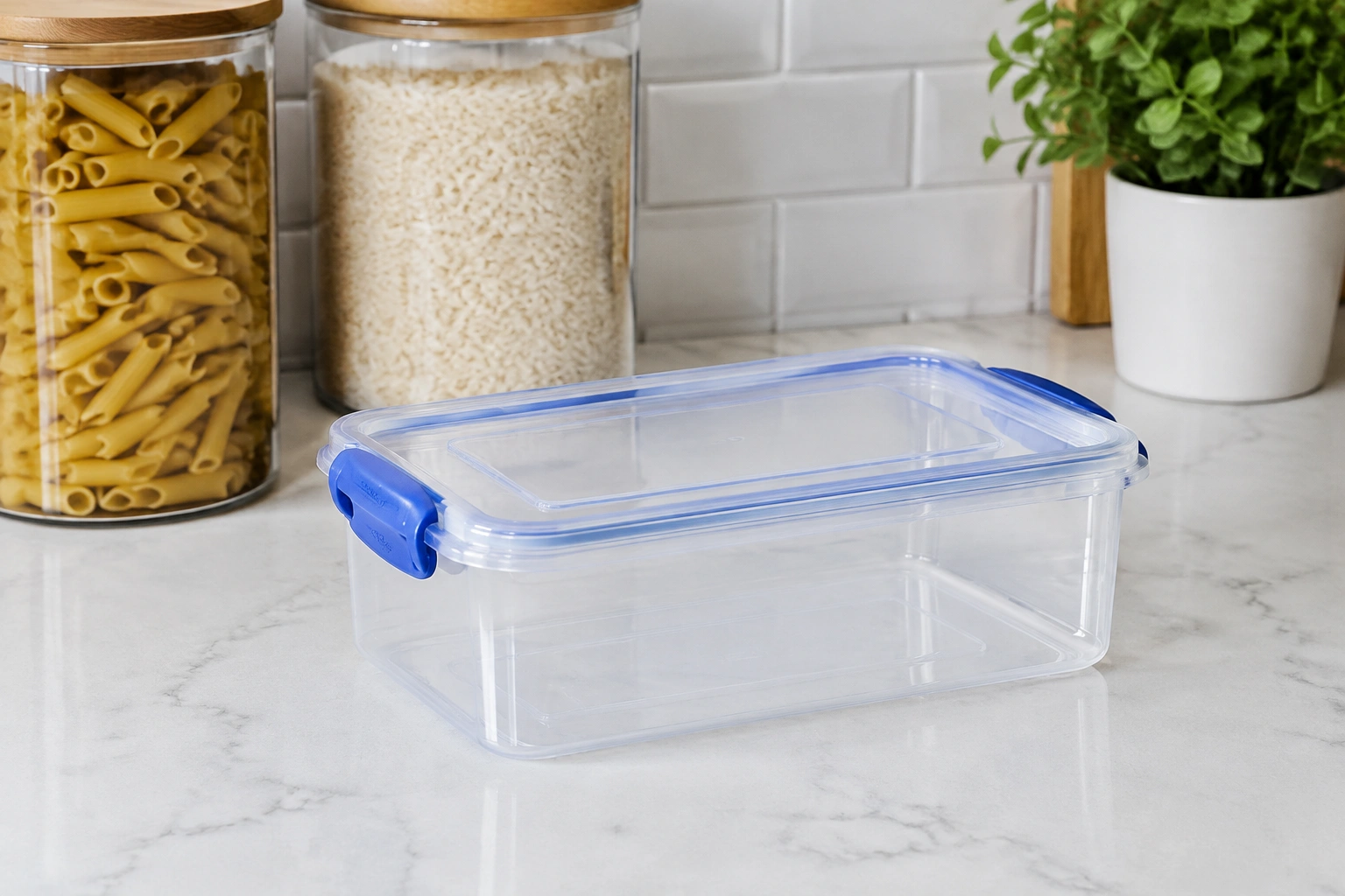 Clear rectangular plastic food storage container with blue clips