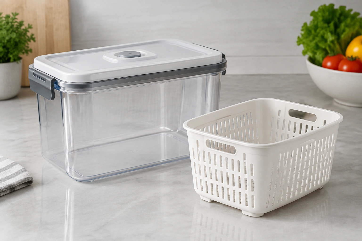 OXO GreenSaver fridge storage container with removable basket