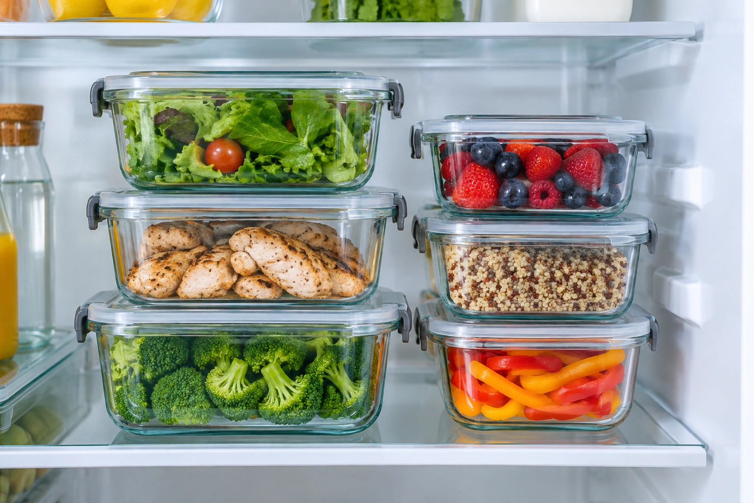 Stack of glass food storage containers with airtight lids in a refrigerator