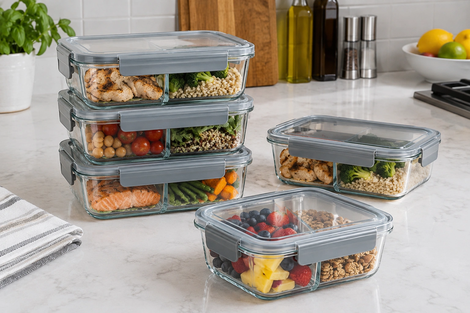 Rectangular divided glass food storage containers with gray snap lids