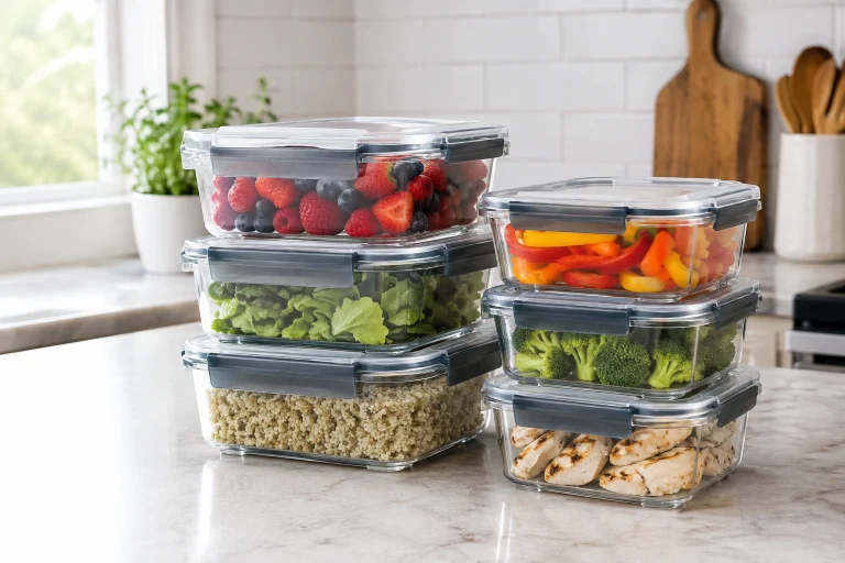 Clear plastic Rubbermaid TakeAlongs food storage containers with locking lids