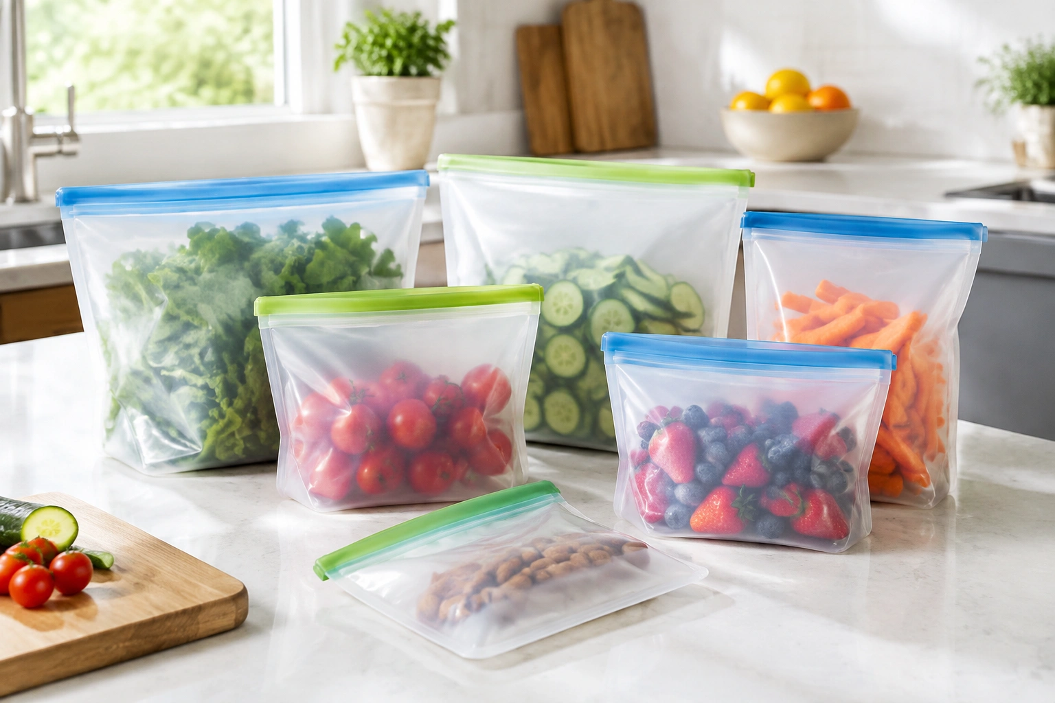 Reusable food storage bags arranged neatly on a kitchen counter