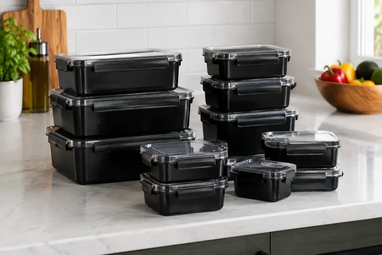 Black airtight food storage containers with lids arranged for pantry storage