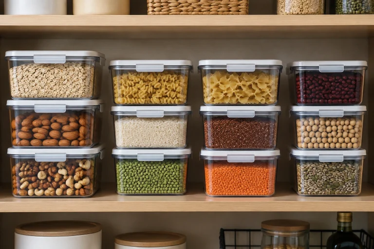 Stackable food storage containers arranged neatly on a pantry shelf