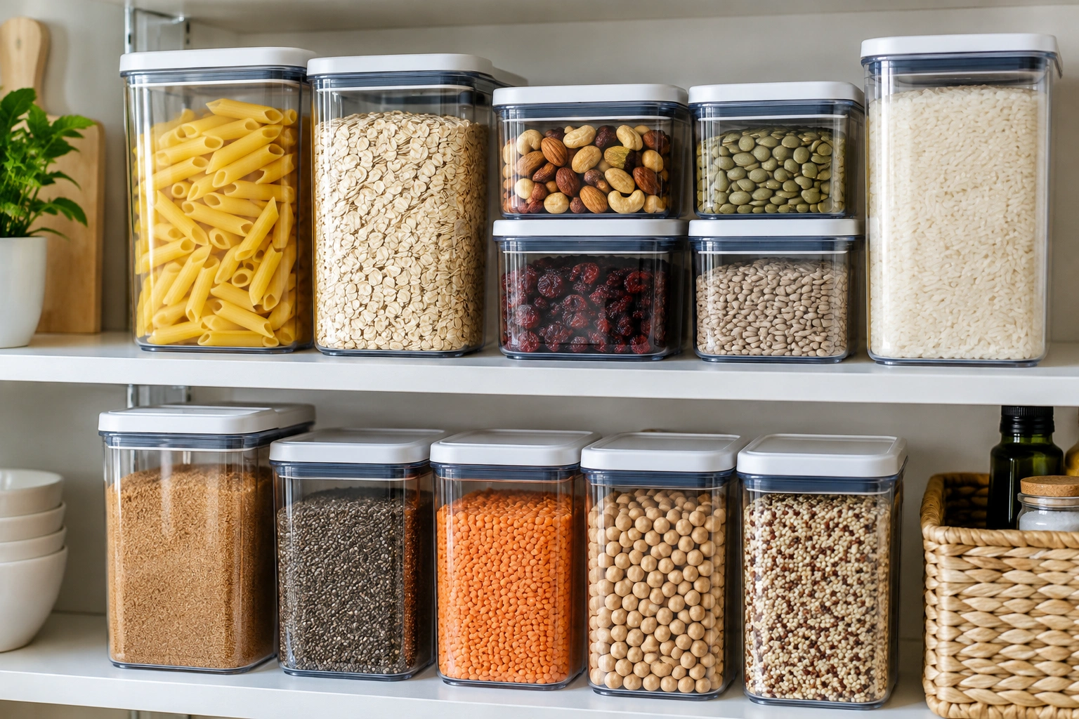 Clear stackable airtight food storage containers arranged neatly on a pantry shelf