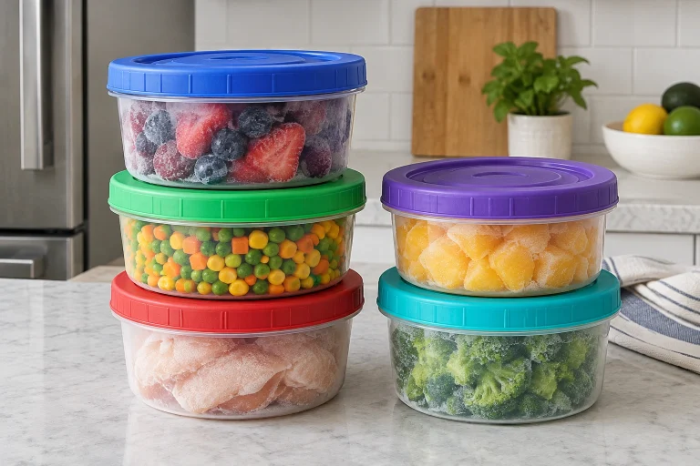 Stack of twist-lid freezer food storage containers