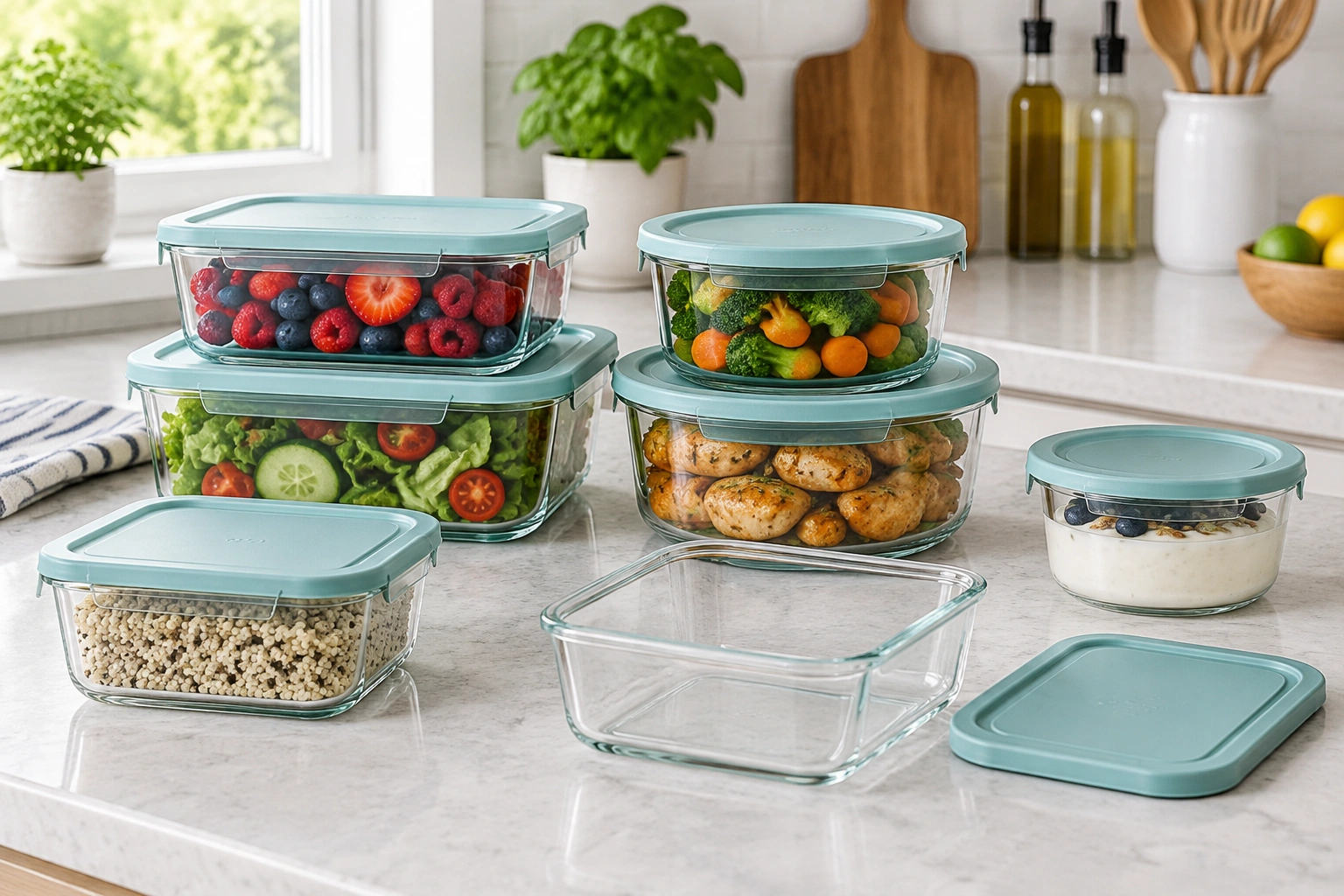 Borosilicate glass food storage containers with lids arranged for meal prep