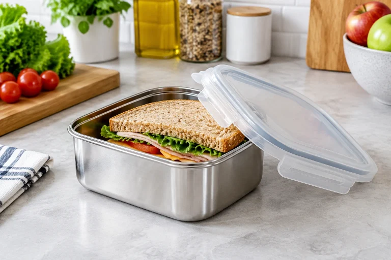 Stainless steel sandwich container with BPA-free lid on a kitchen counter