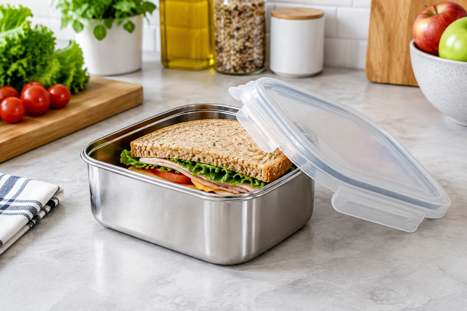 Stainless steel sandwich container with BPA-free lid on a kitchen counter