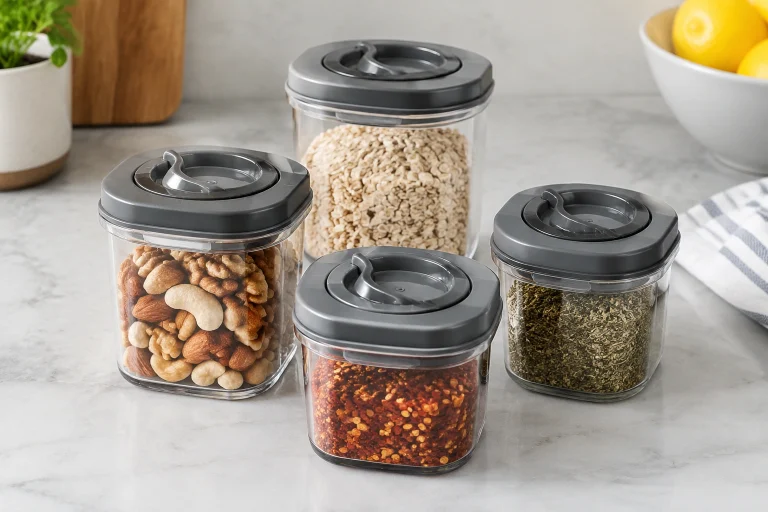 Transparent small condiment containers with twist-lock lids arranged on a kitchen counter
