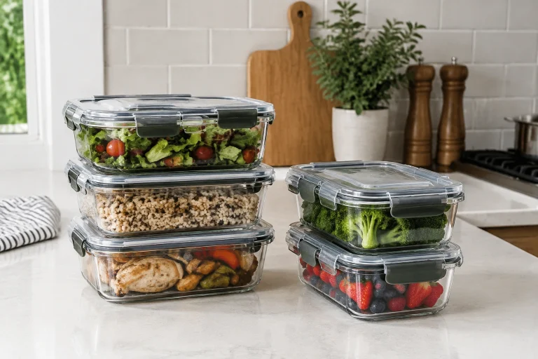 Stack of glass meal prep containers with lids