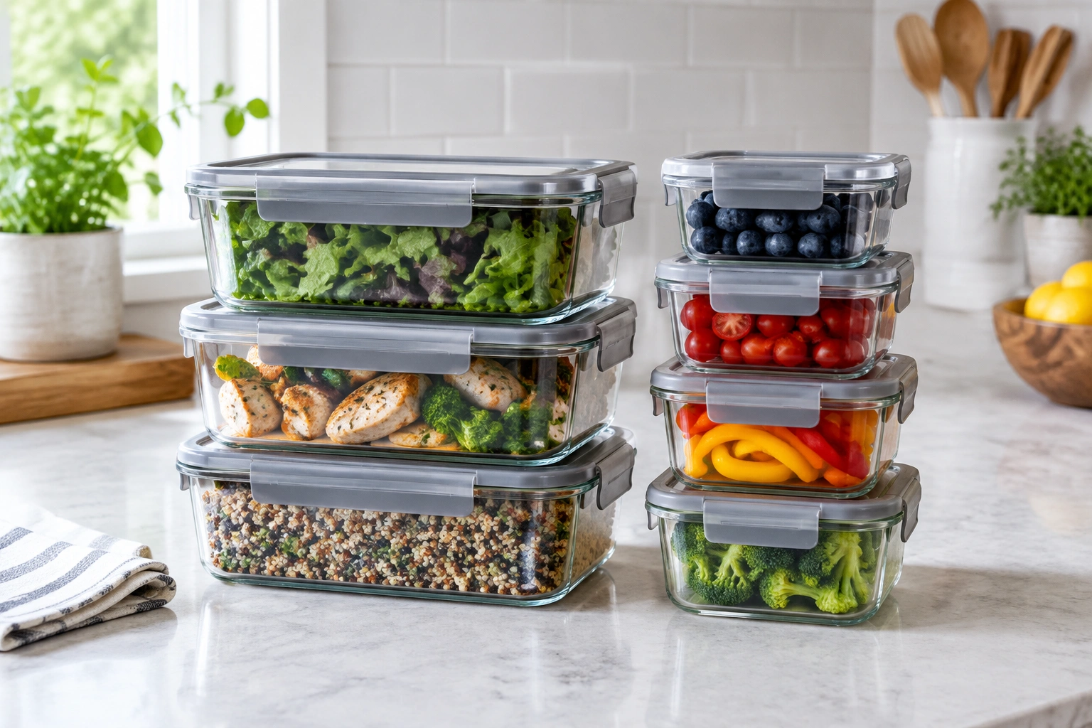 Rectangular glass meal prep containers with grey snap lids