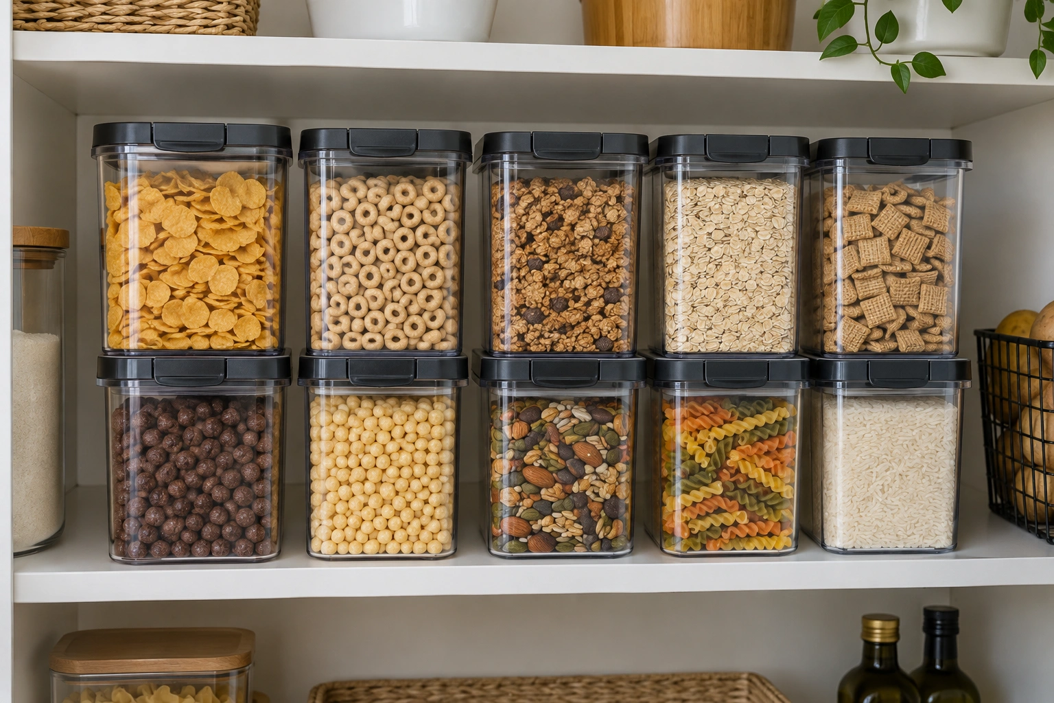 Clear plastic pantry storage containers with dark lids for dry food organization