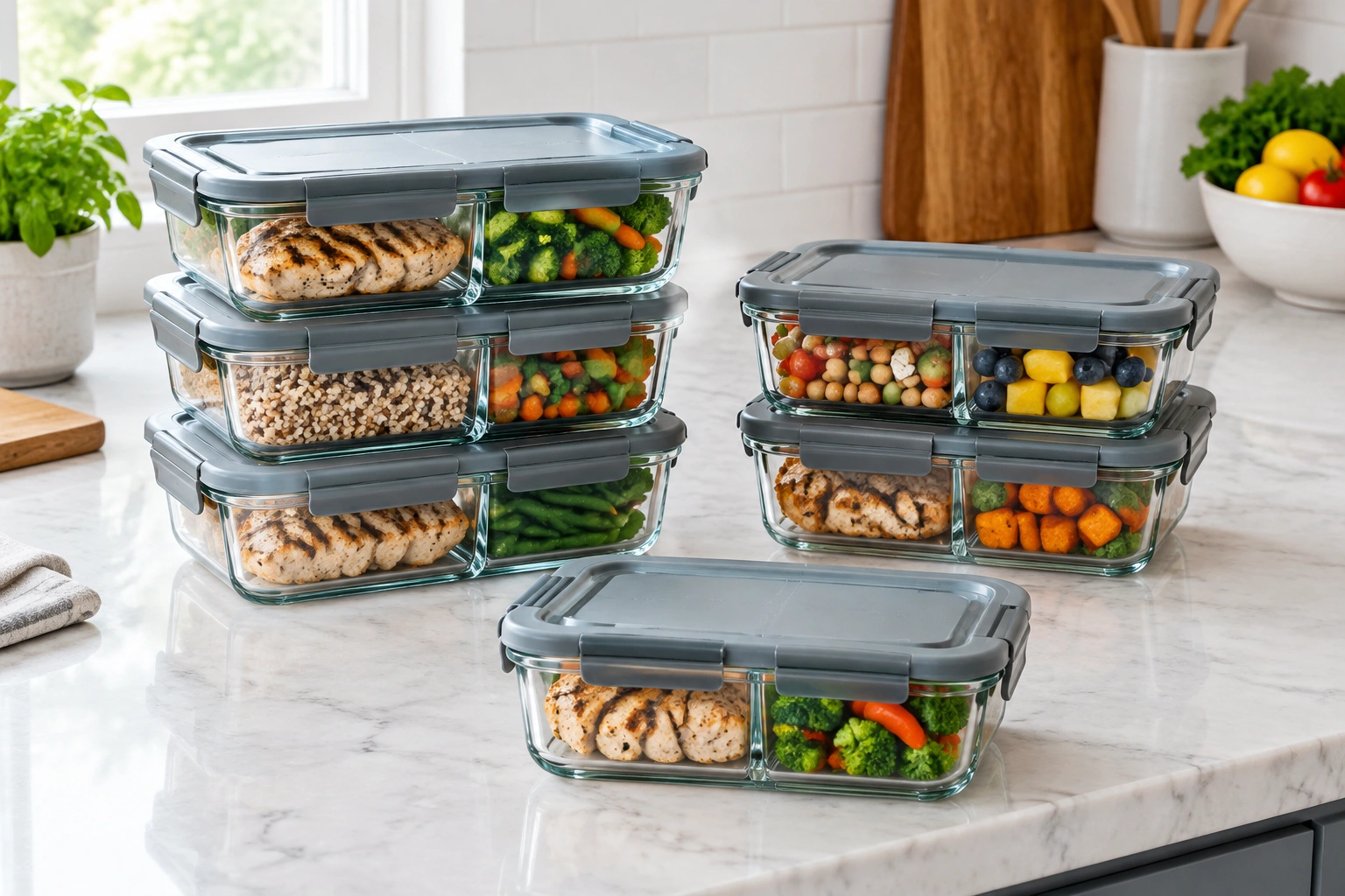 Glass meal prep containers with two compartments and gray snap lids