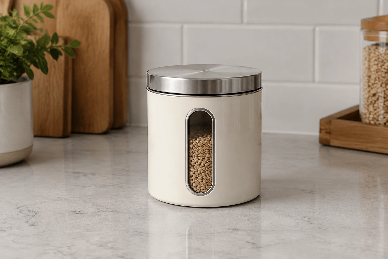 Stainless steel kitchen storage canister on a counter