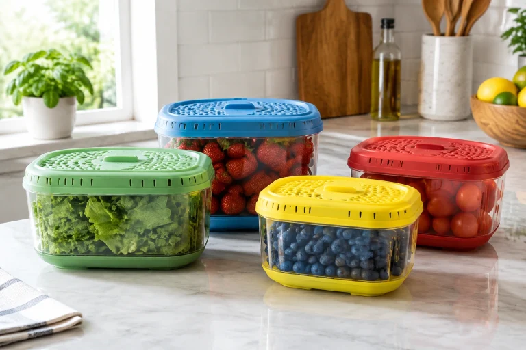 Four colorful reusable produce saver containers on a kitchen counter