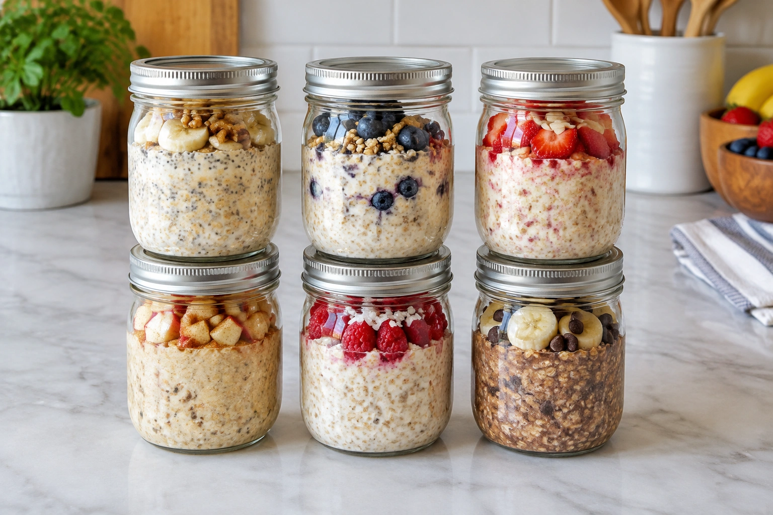 Six glass overnight oats jars with lids on a kitchen counter
