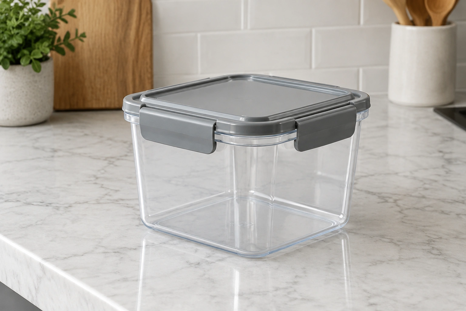 Clear square food storage container with snap lid