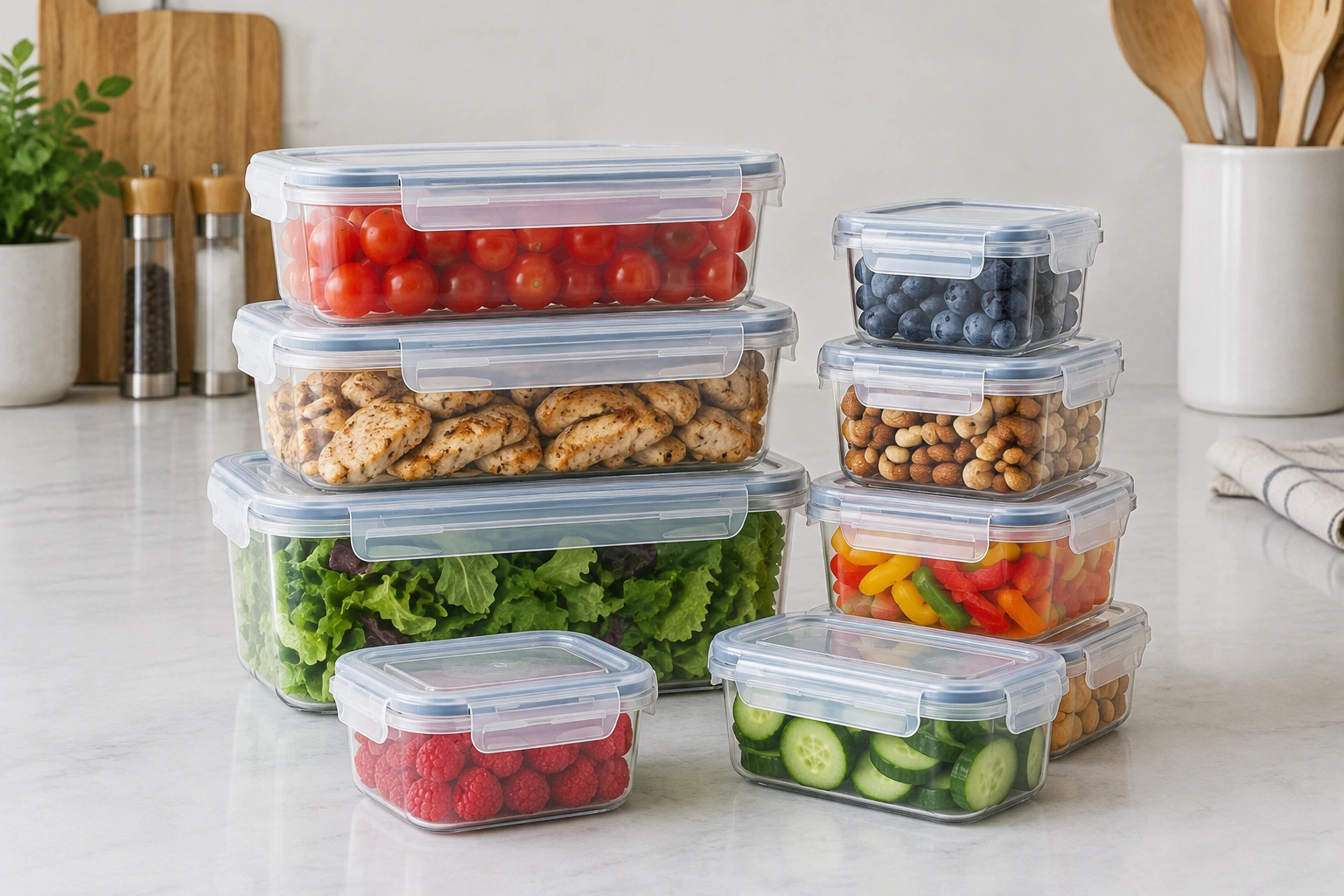 Stack of mixed-size food storage containers with lids
