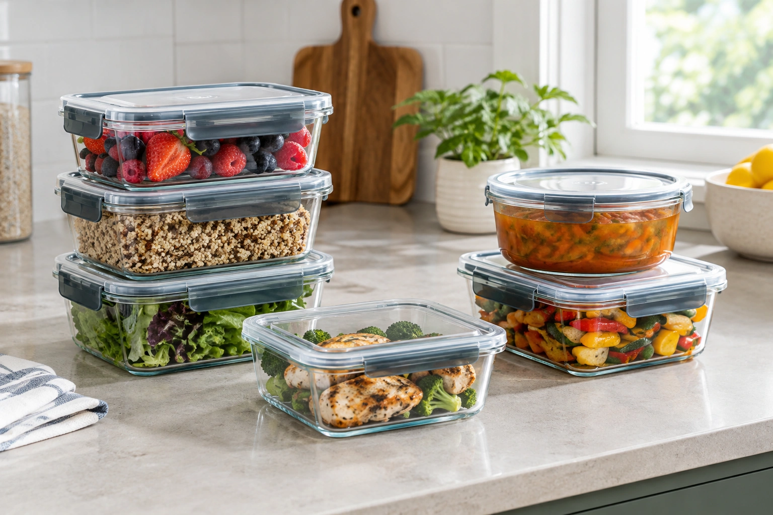 Glass food storage containers with lids arranged on a kitchen counter