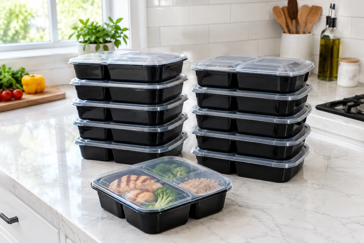 Black three-compartment meal prep containers stacked for storage