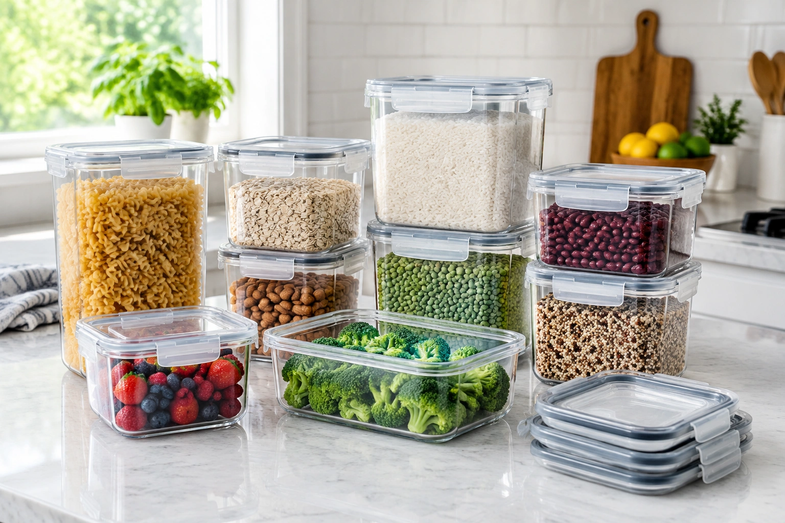 Clear airtight food storage containers arranged for meal prep