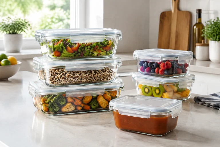 Borosilicate glass food storage containers with snap-lock lids on a kitchen counter