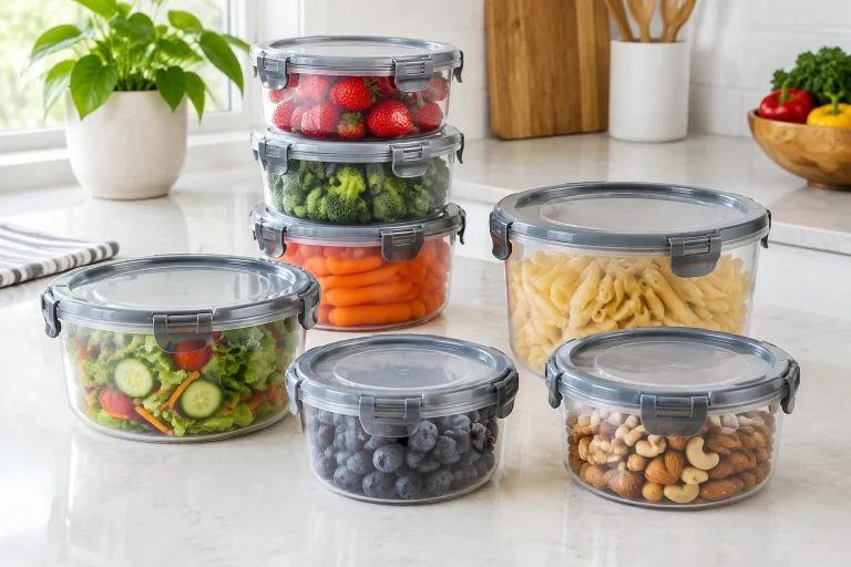 Round plastic food storage containers with twist-lock lids on a kitchen counter