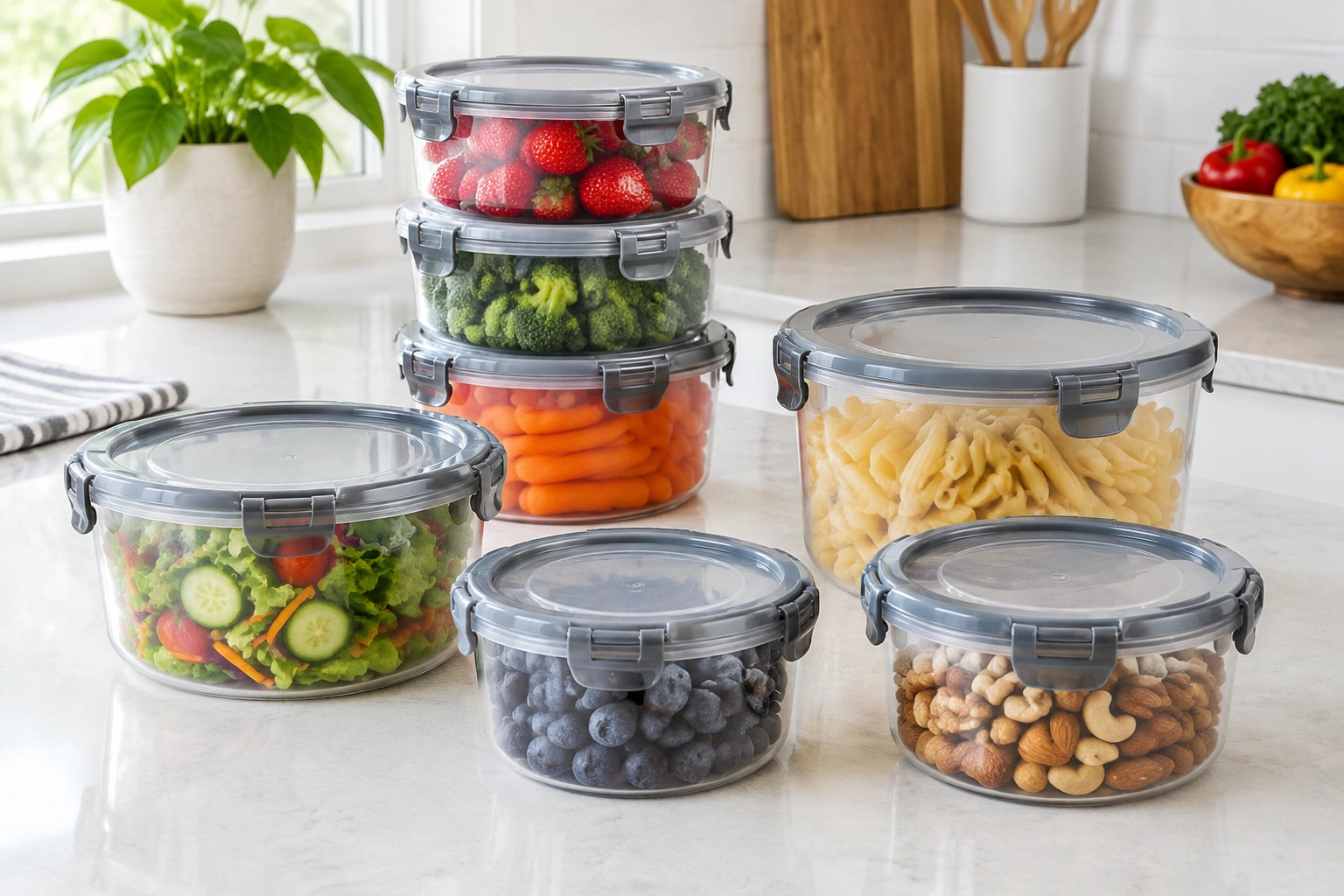 Round plastic food storage containers with twist-lock lids on a kitchen counter