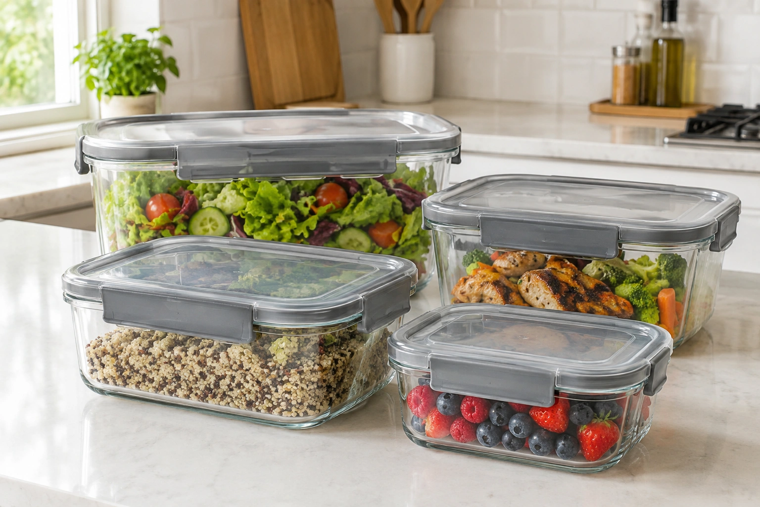 Glass food storage containers with lids arranged neatly on a kitchen counter