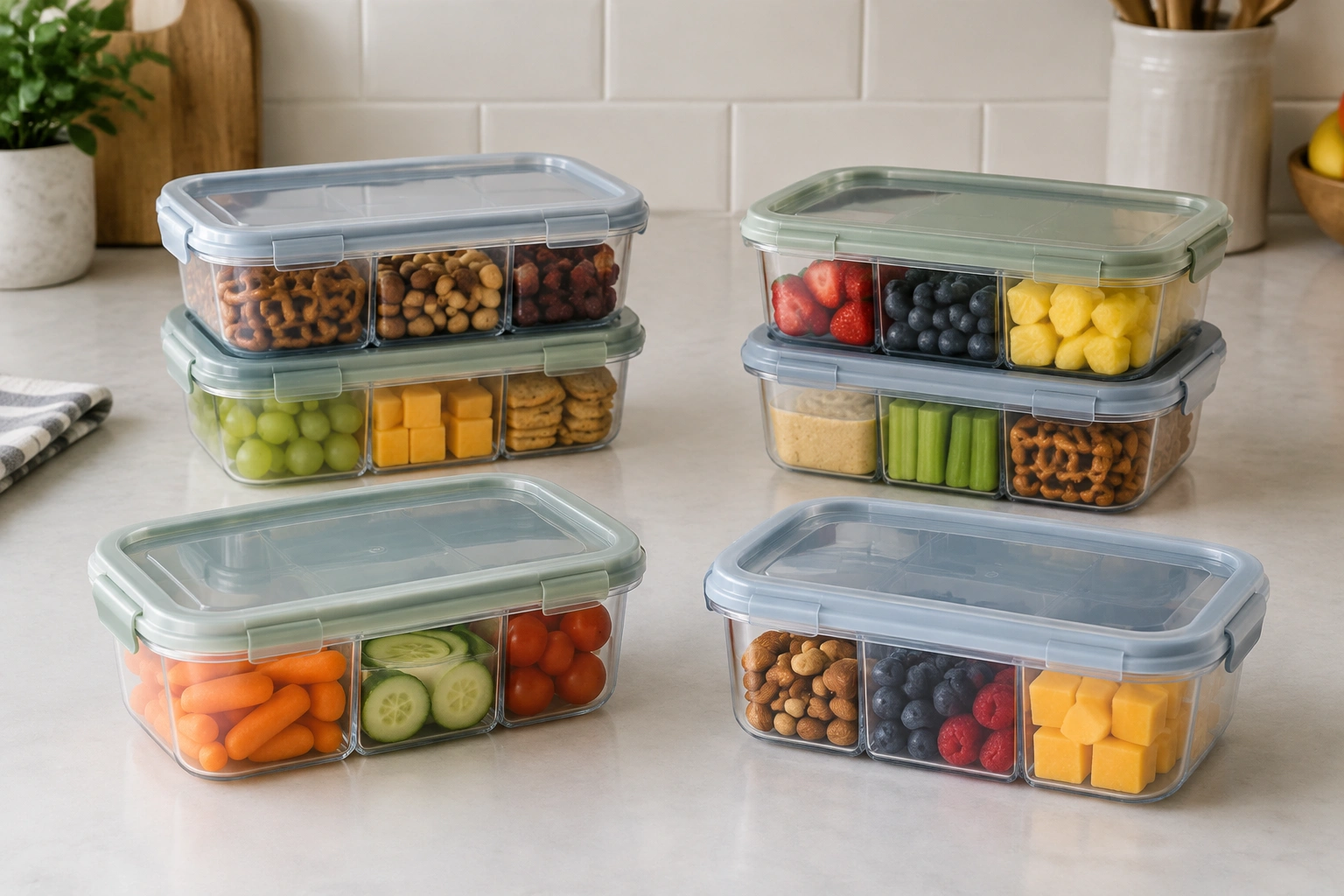 Three-compartment reusable snack containers with lids on a kitchen counter