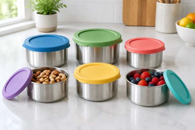 Six stainless steel snack containers with silicone lids arranged neatly on a kitchen counter