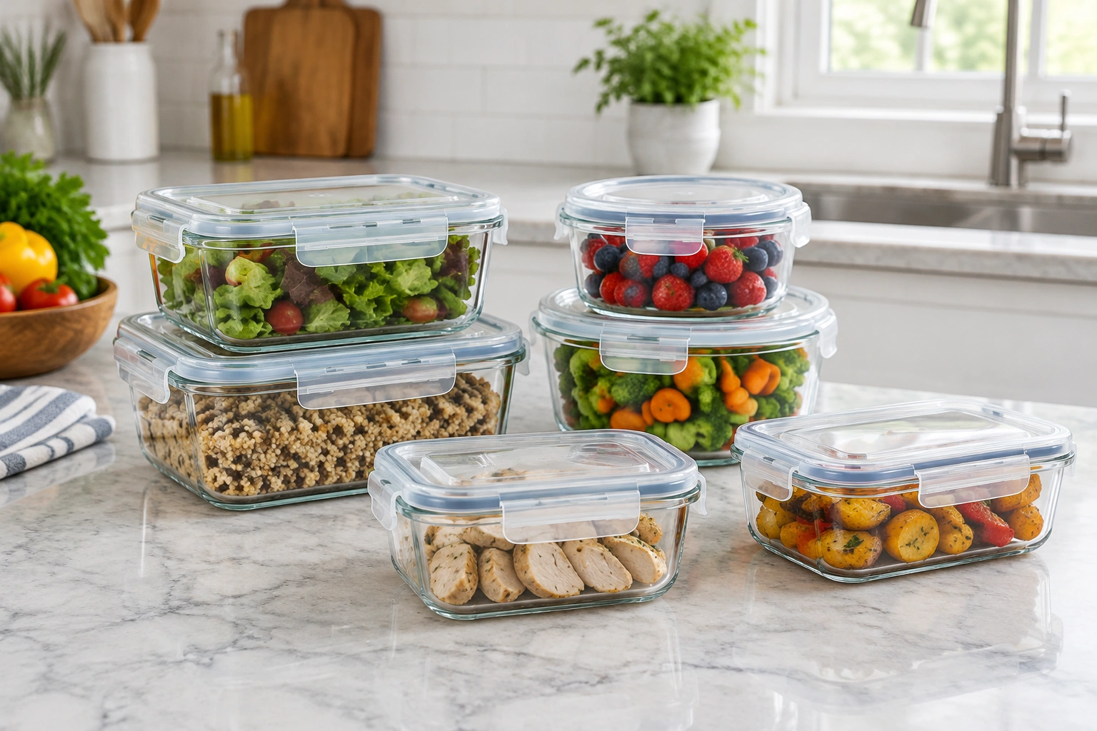 Glass food storage containers with locking lids arranged for meal prep