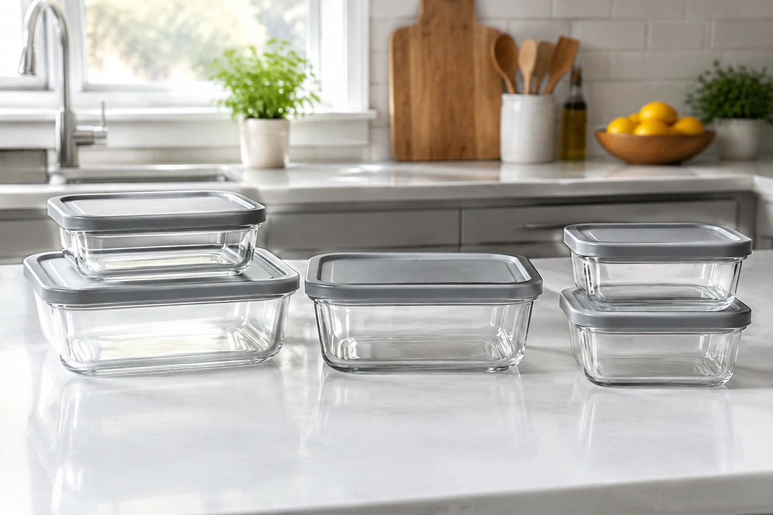 Five glass food storage containers with lids arranged neatly on a kitchen counter