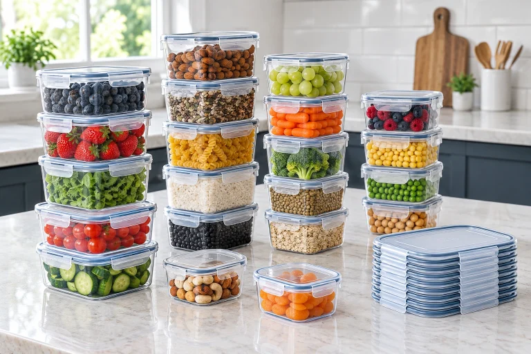 Airtight food storage container set arranged for meal prep
