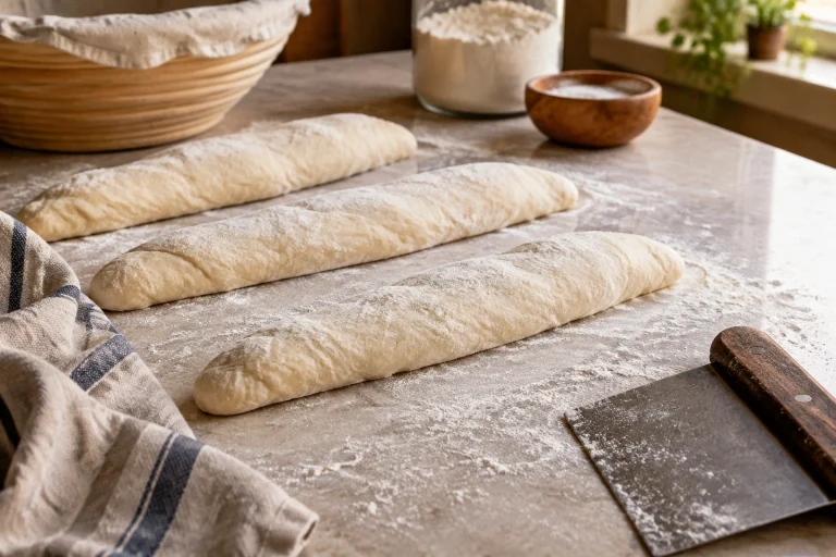Dough portions on a lightly floured bench with a scraper nearby