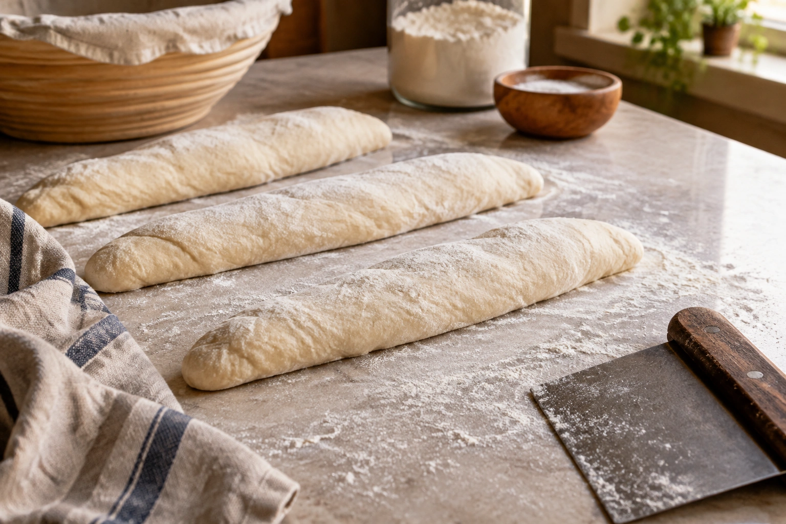 Dough portions on a lightly floured bench with a scraper nearby