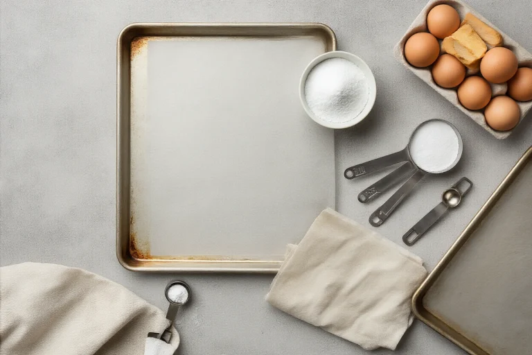Bowl of baking soda beside a baking sheet and measuring tools