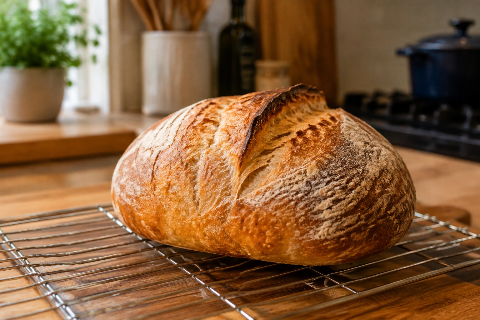 Fresh bread loaf cooling on a wire rack in a kitchen