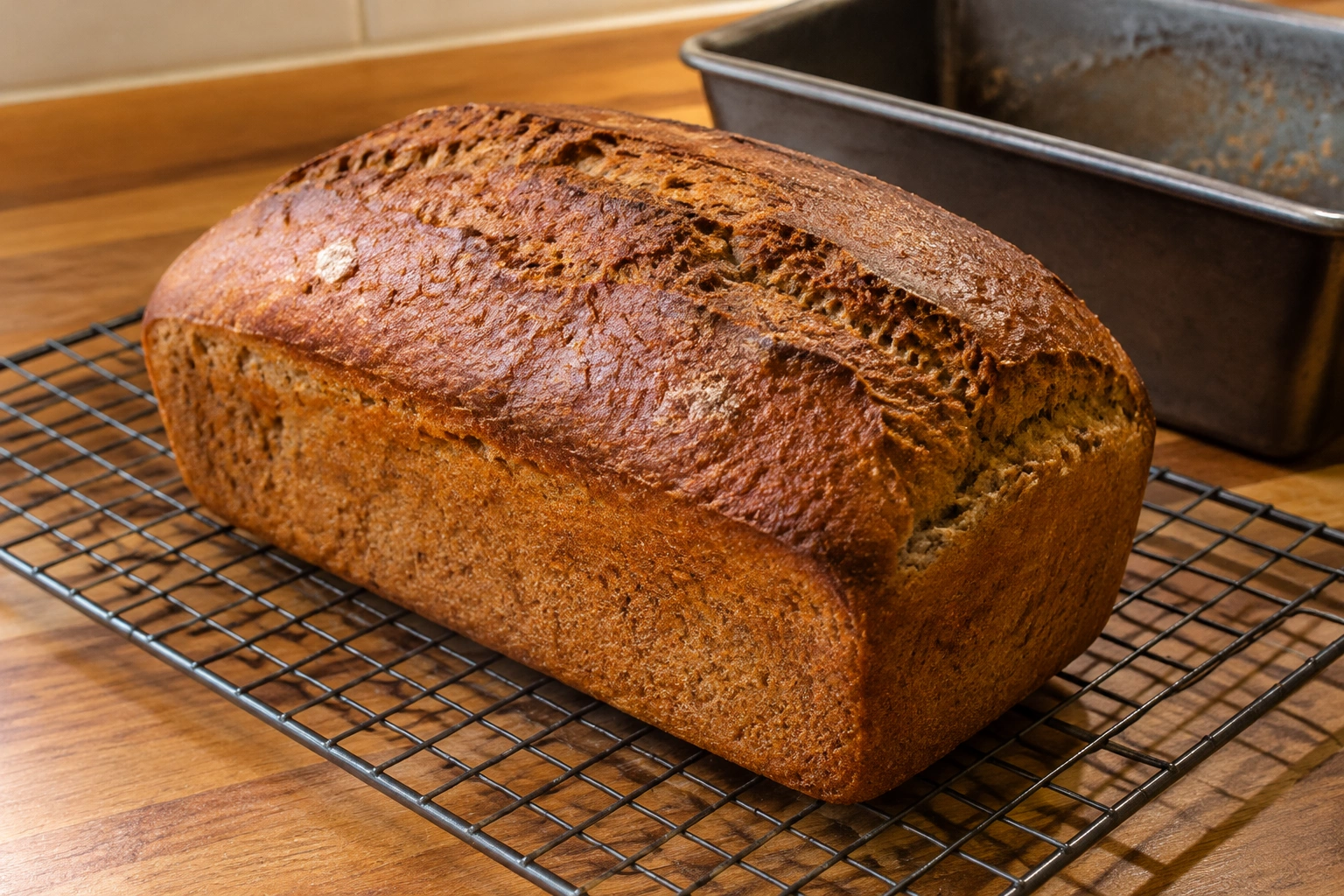 A golden rye loaf in a pan cooling on a wire rack in a kitchen