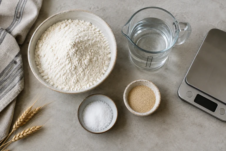A clean overhead shot of flour, water, salt, and yeast arranged for bread formula measurement